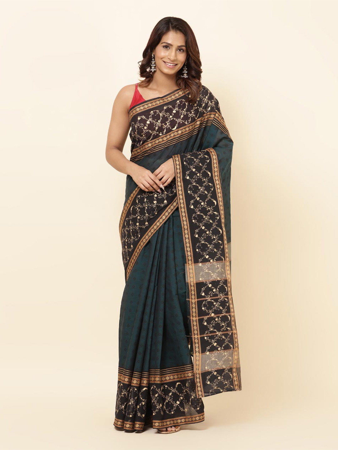 

Fabindia Ethnic Motifs Pure Cotton Saree, Green