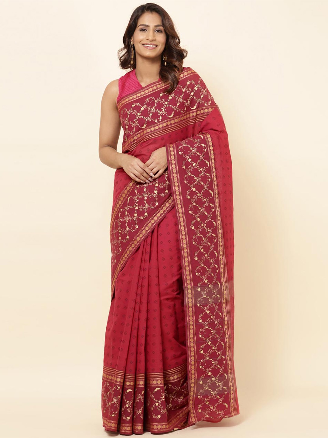

Fabindia Ethnic Motifs Printed Pure Cotton Saree, Red