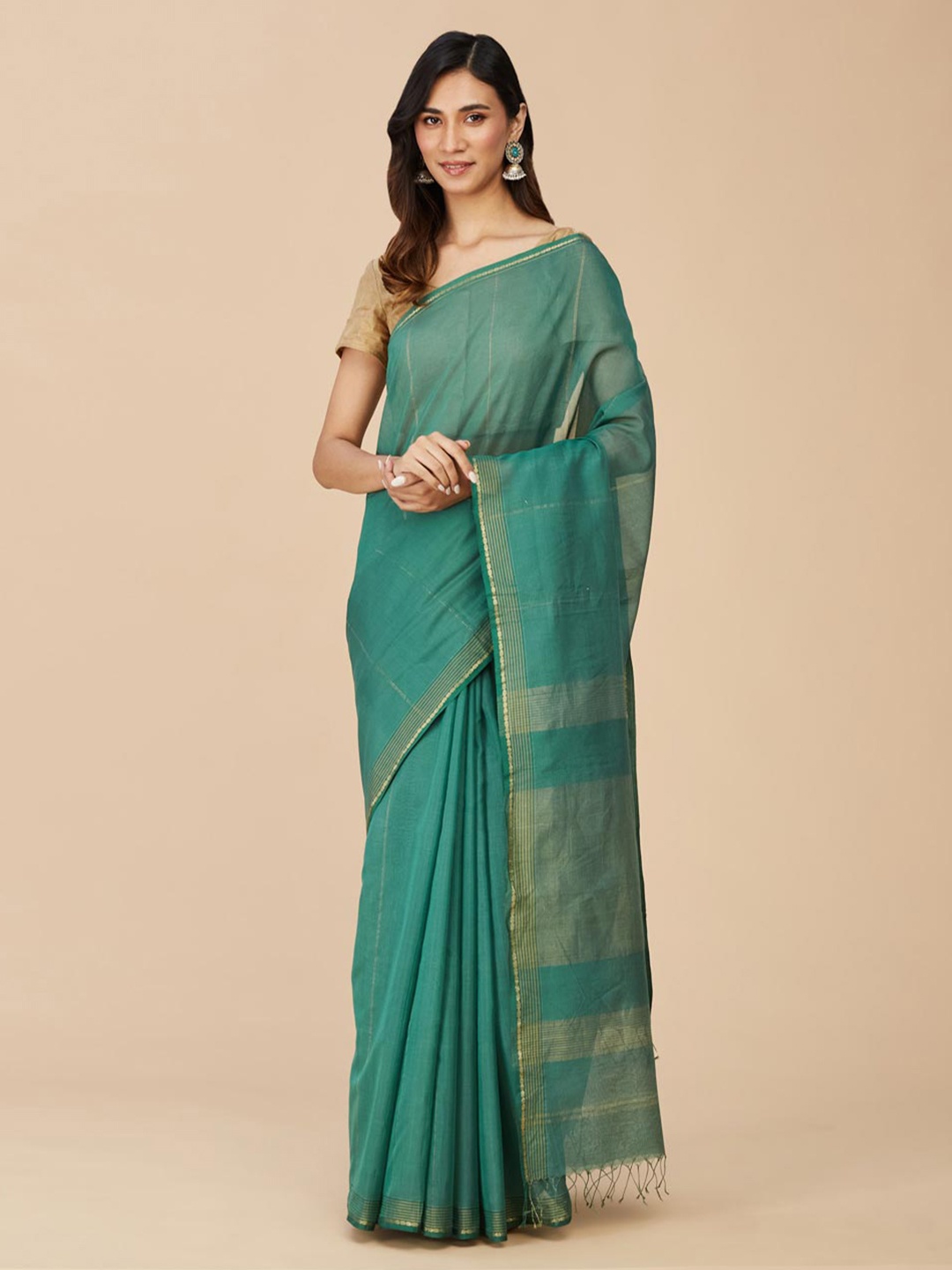 

Fabindia Striped Silk Cotton Maheshwari Saree, Green