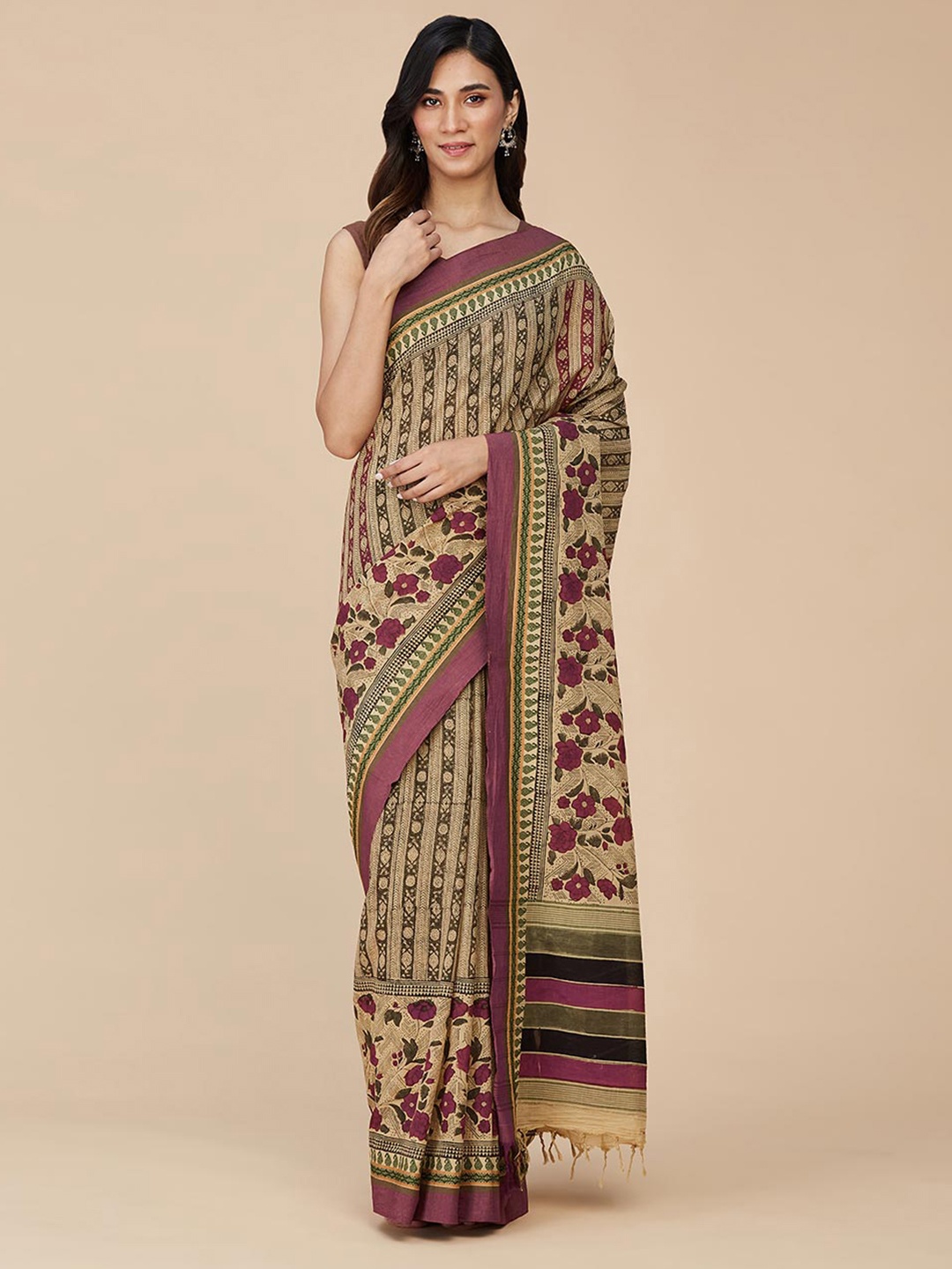 

Fabindia Ethnic Motifs Zari Pure Cotton Bagru Saree, Maroon