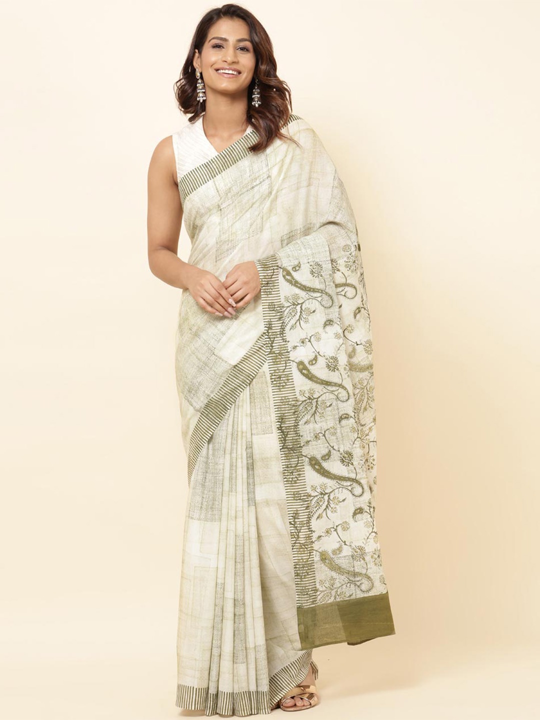 

Fabindia Ethnic Motifs Pure Cotton Saree, Green