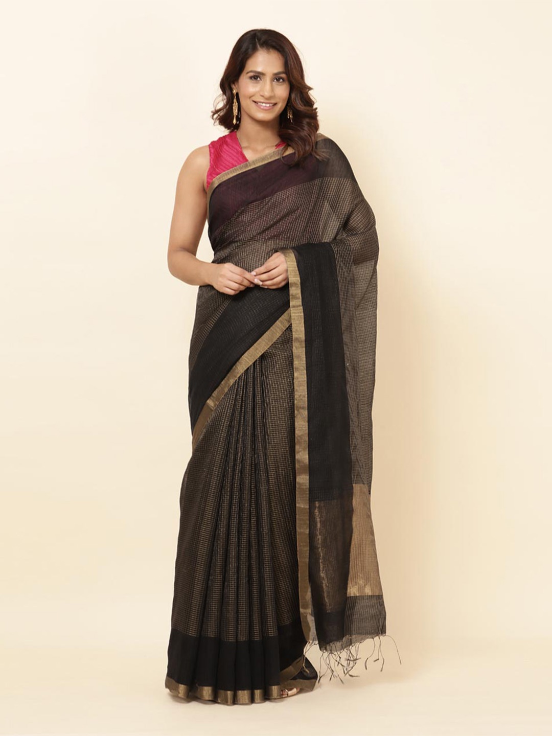 

Fabindia Checked Zari Silk Cotton Saree, Black