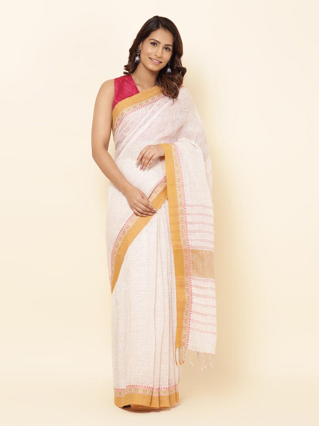 

Fabindia Woven Design Zari Linen Blend Saree, White
