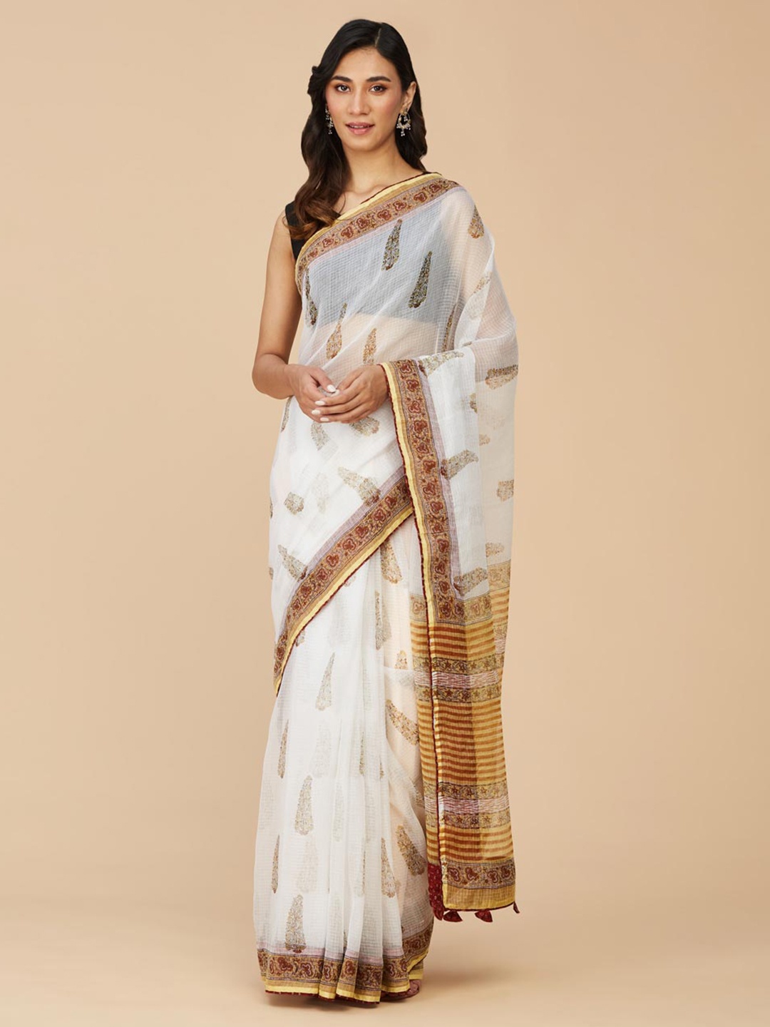 

Fabindia Ethnic Motifs Zari Silk Cotton Saree, Off white