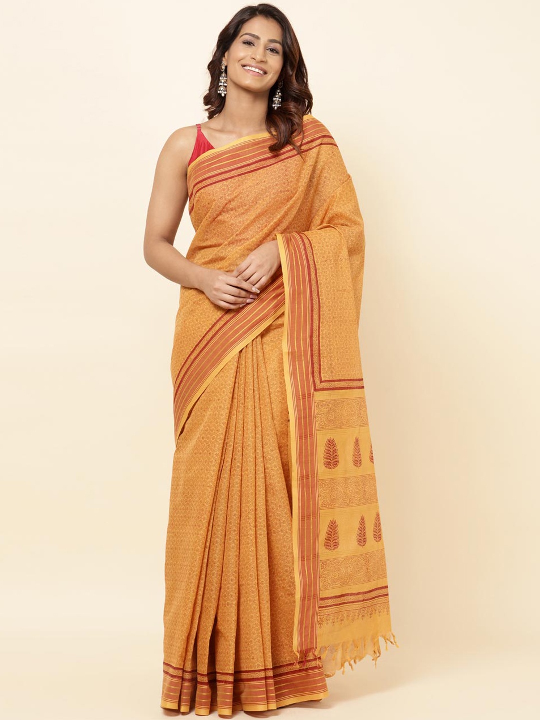 

Fabindia Ethnic Motifs Zari Pure Cotton Saree, Yellow