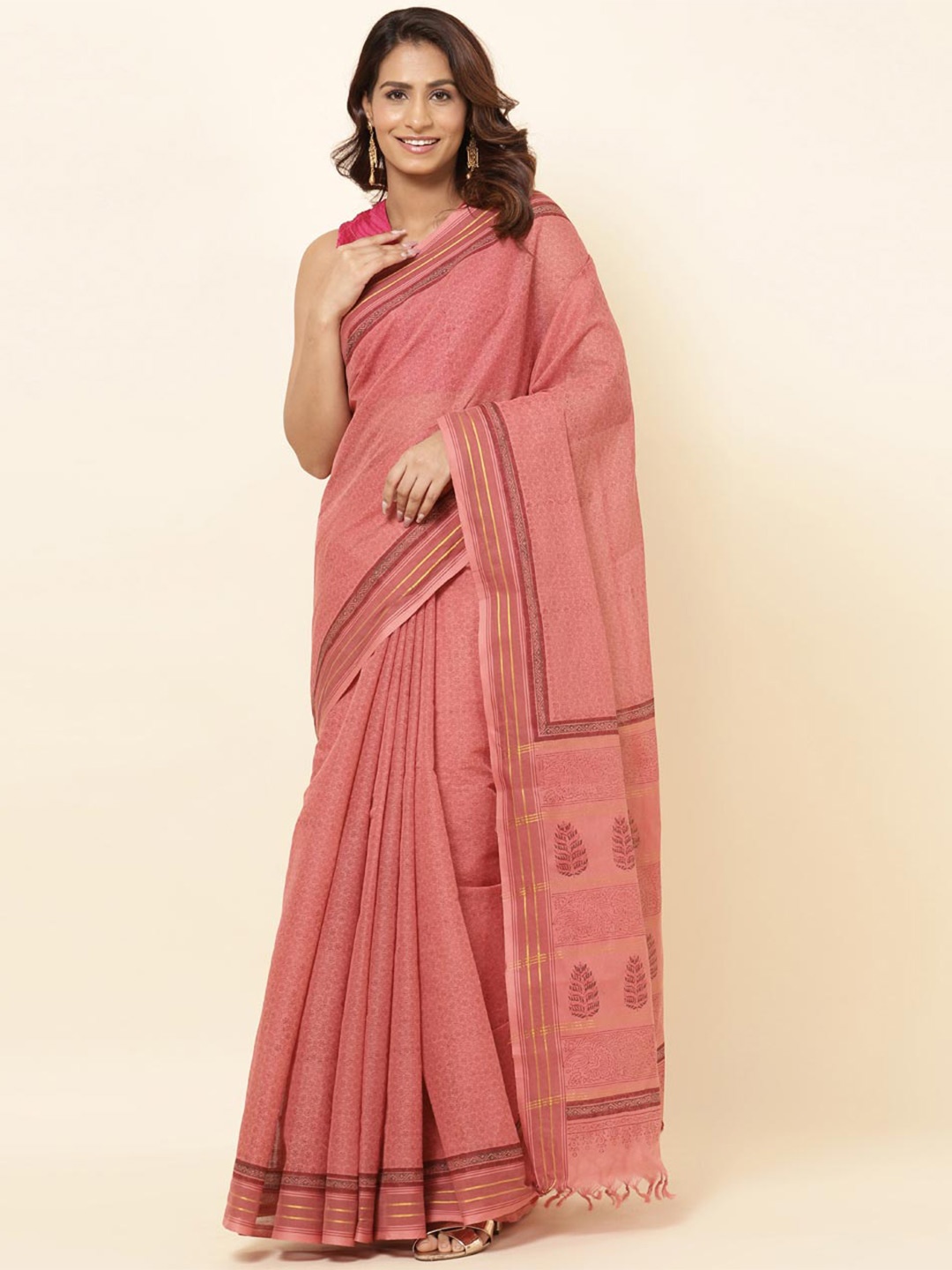 

Fabindia Ethnic Motifs Zari Pure Cotton Saree, Pink