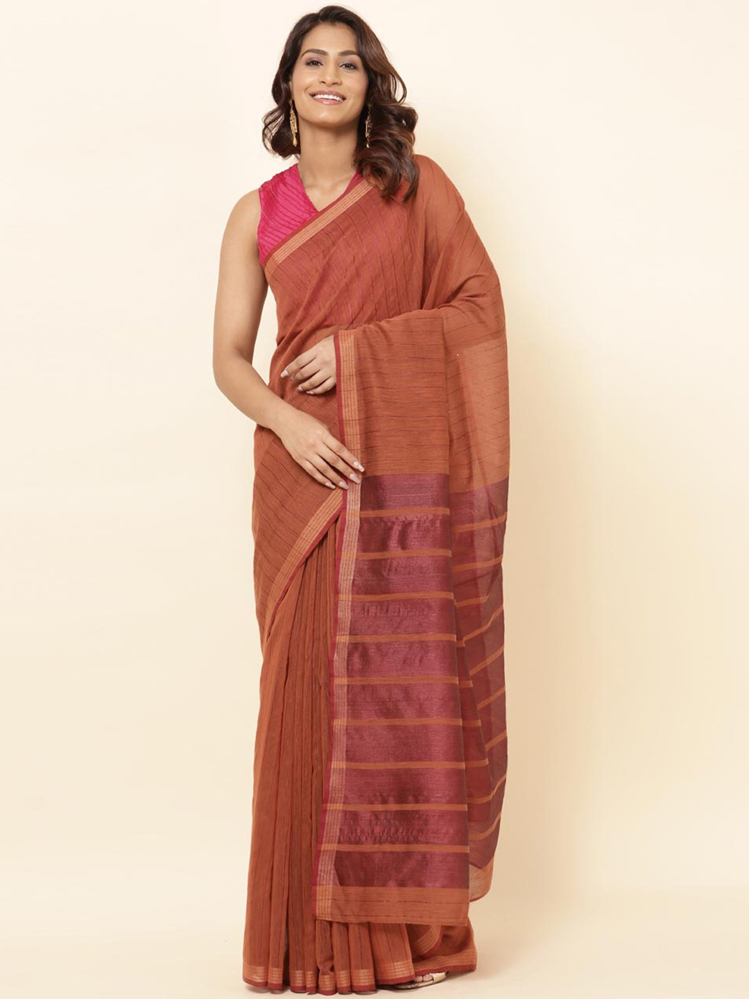 

Fabindia Striped Silk Cotton Saree, Rust