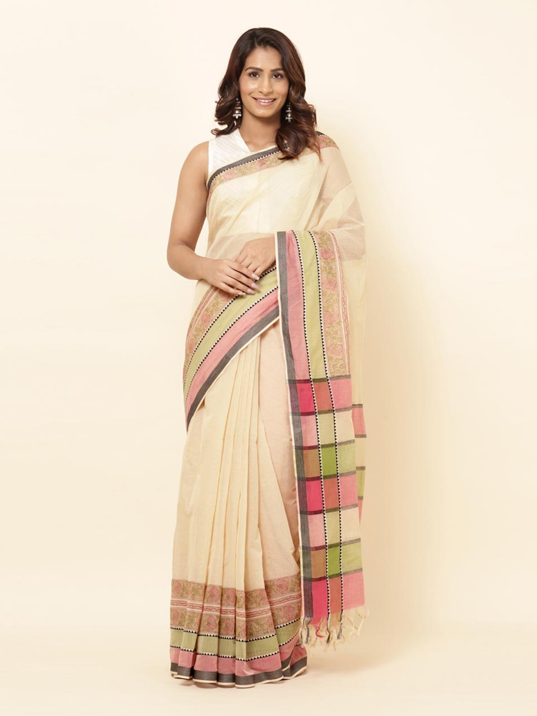 

Fabindia Zari Pure Cotton Saree, Beige