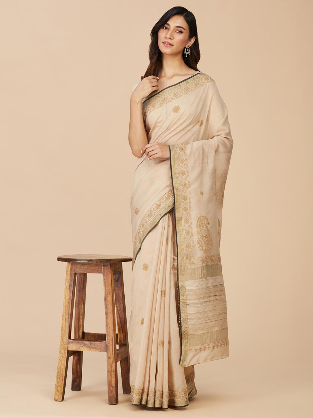 

Fabindia Ethnic Motifs Embroidered Cotton Silk Saree, Beige