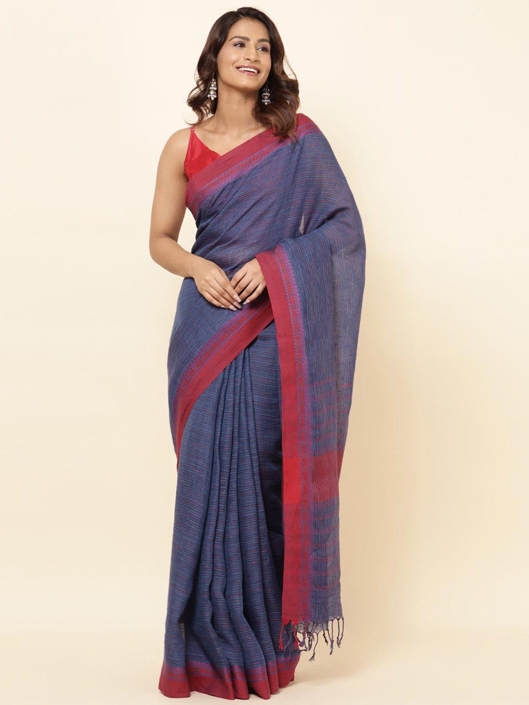 

Fabindia Striped Linen Blend Saree, Navy blue