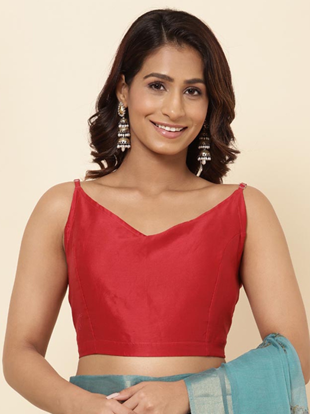 

Fabindia V-Neck Sleeveless Woven Readymade Cotton Blouse, Red