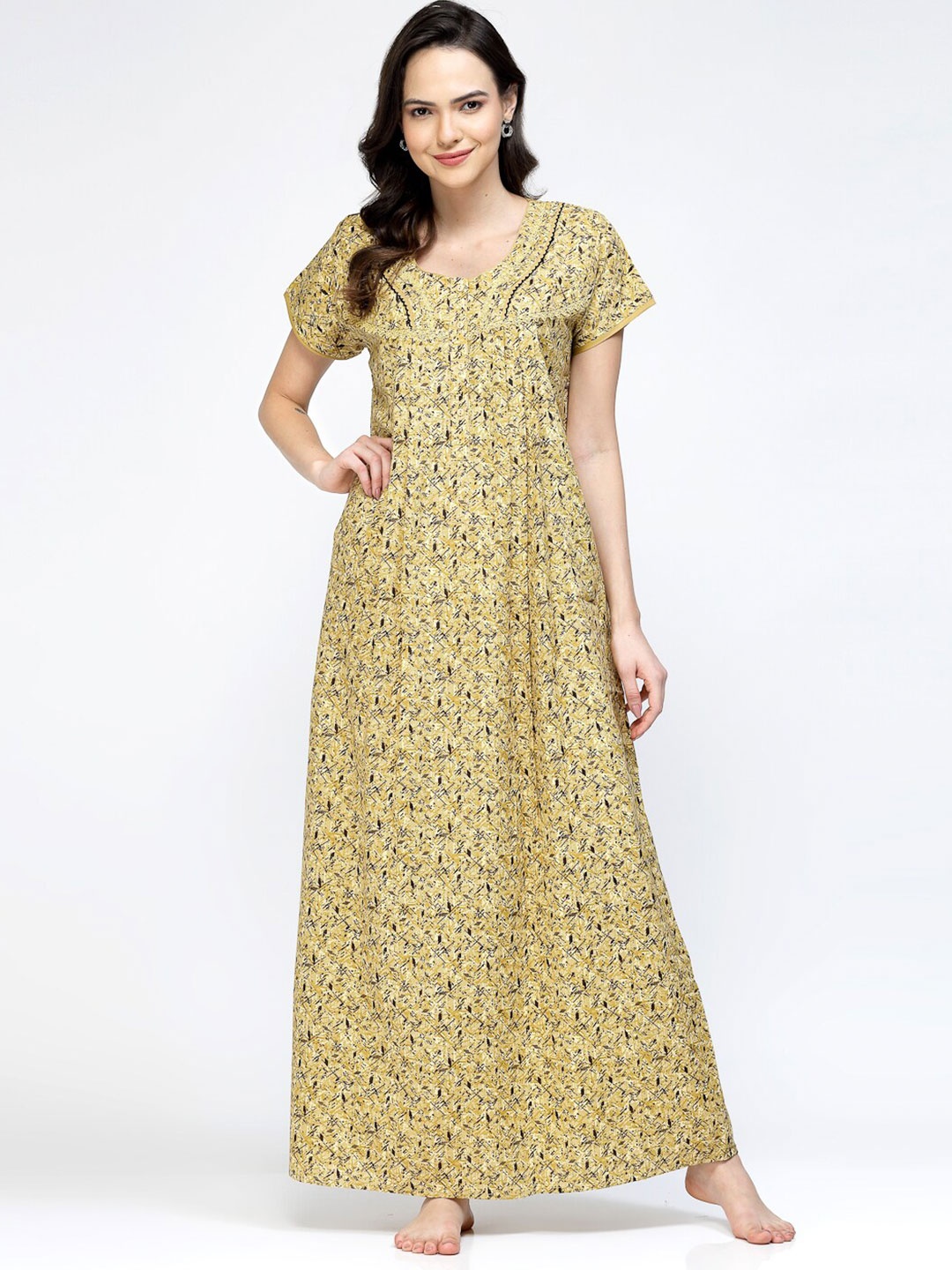 

Sweet Dreams Mustard Yellow & White Abstract Printed Pure Cotton Maxi Nightdress