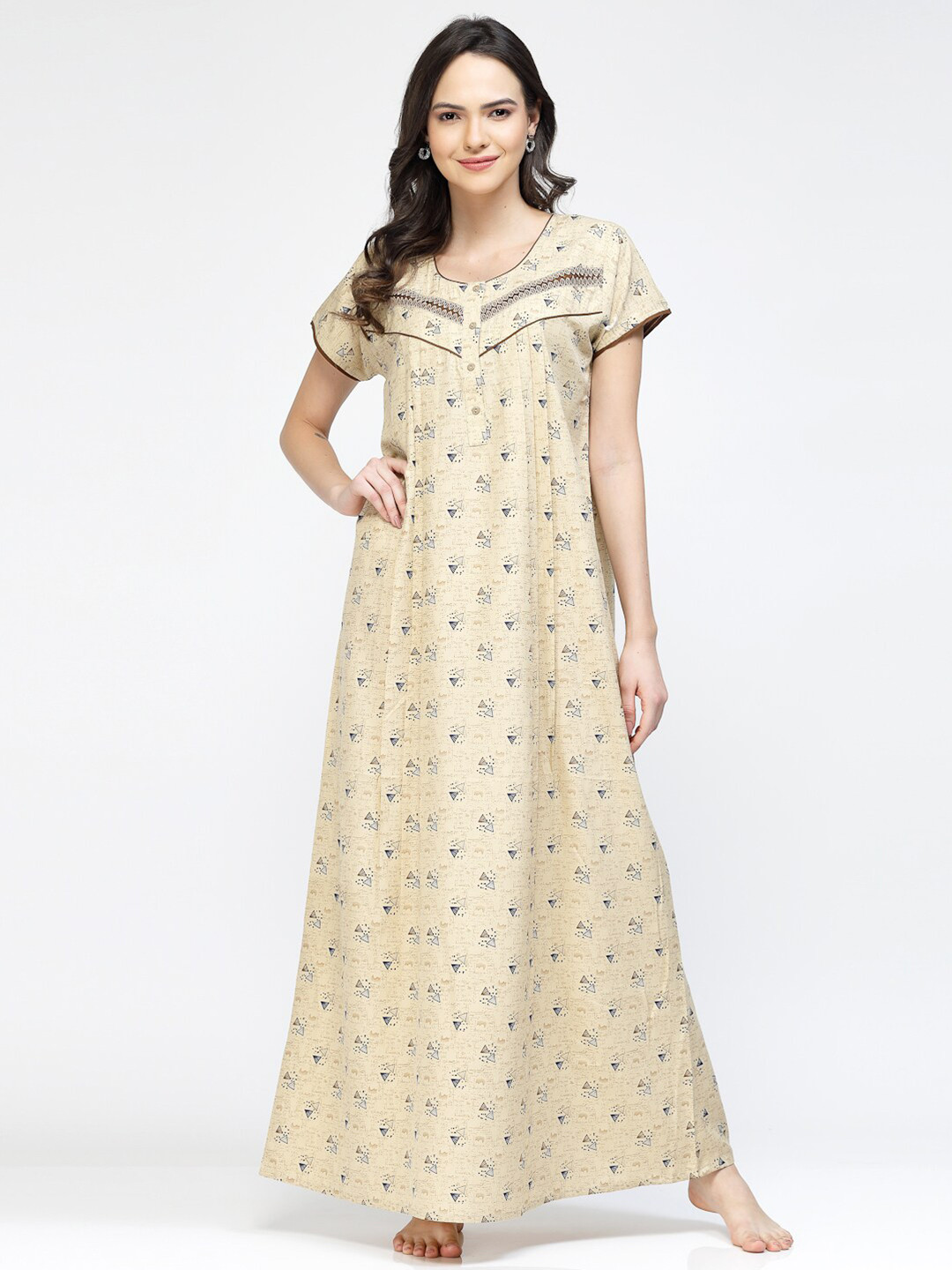 

Sweet Dreams Beige Printed Pure Cotton Maxi Nightdress