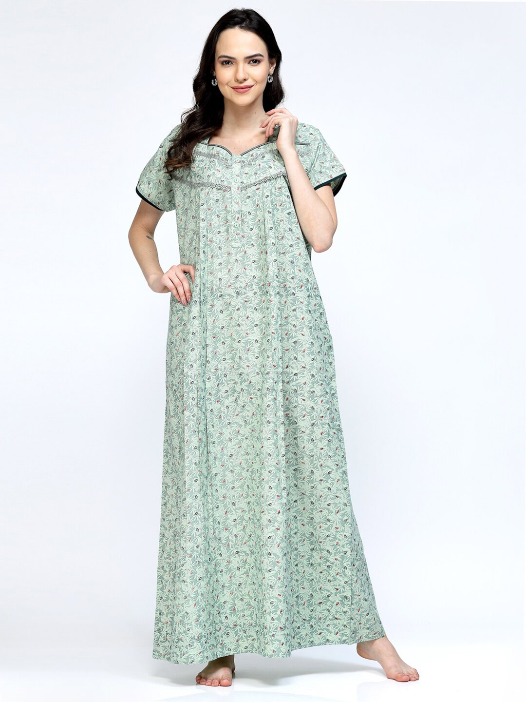 

Sweet Dreams Green Printed Pure Cotton Maxi Nightdress