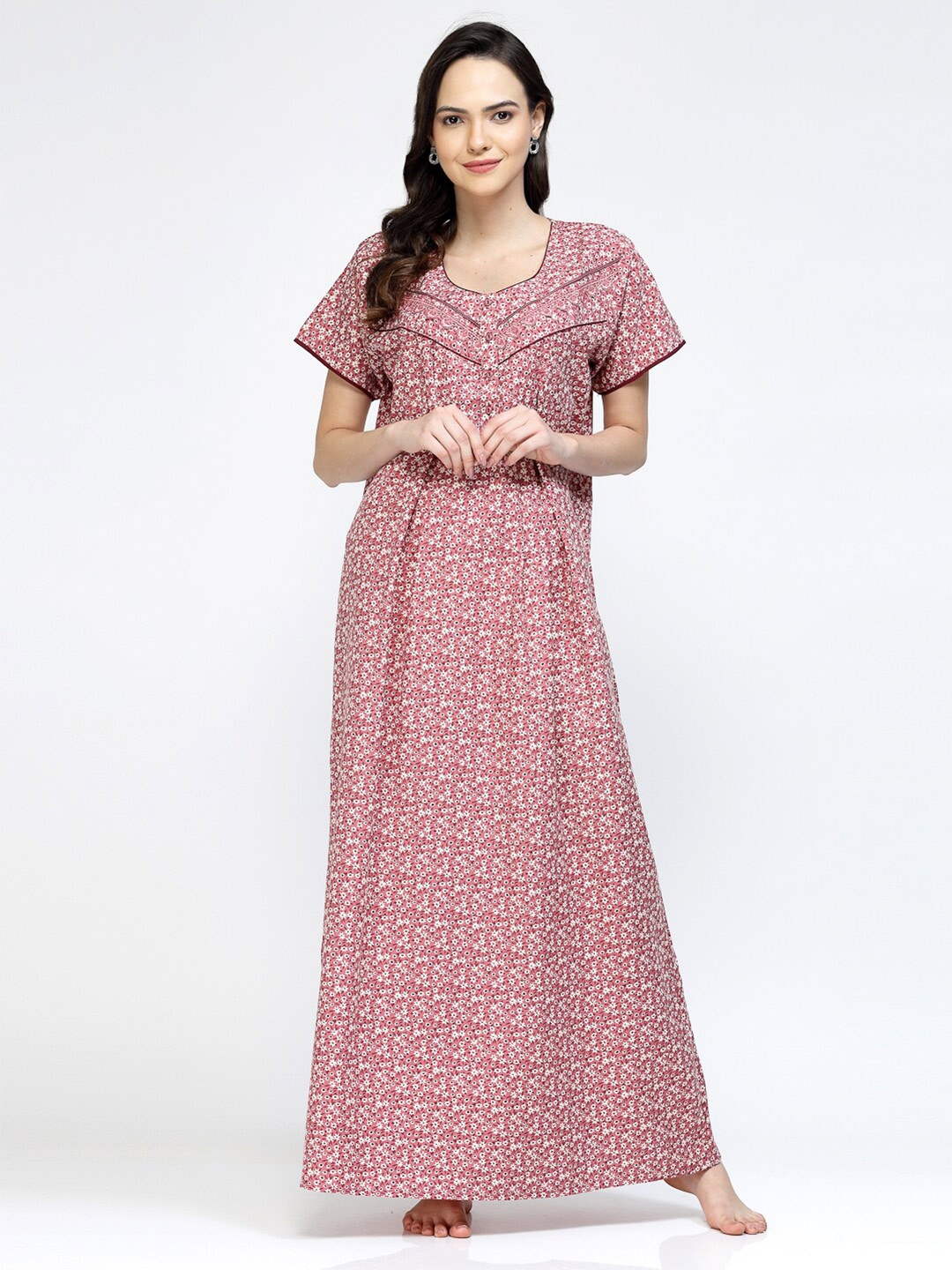 

Sweet Dreams Maroon Printed Pure Cotton Maxi Nightdress
