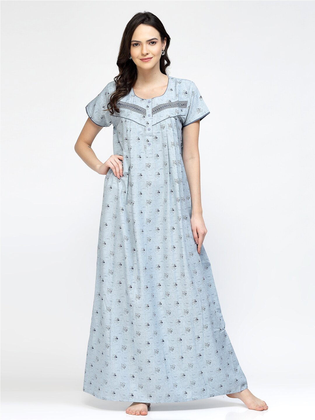 

Sweet Dreams Blue Geometric Printed Pure Cotton Maxi Nightdress