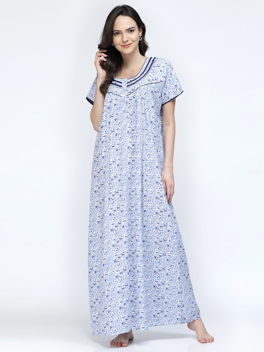 

Sweet Dreams Blue & White Floral Printed Pure Cotton Maxi Nightdress