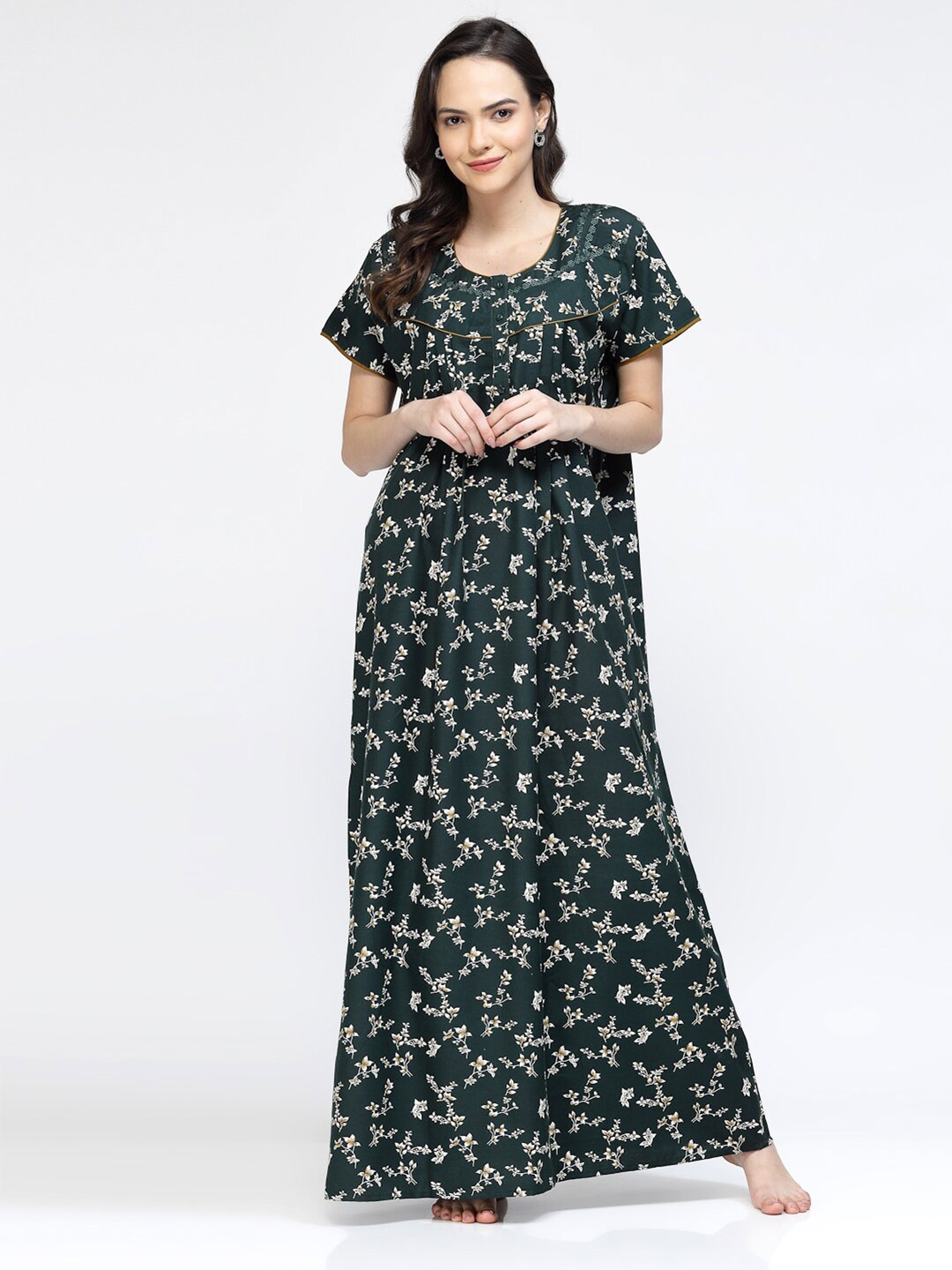 

Sweet Dreams Green & White Floral Printed Pure Cotton Maxi Nightdress