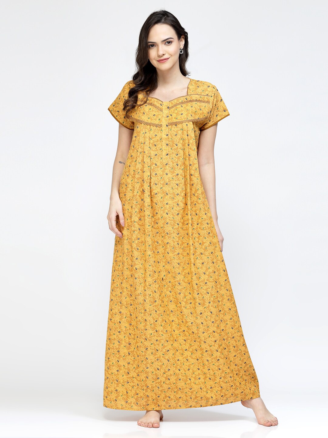 

Sweet Dreams Yellow & Green Floral Printed Pure Cotton Maxi Nightdress