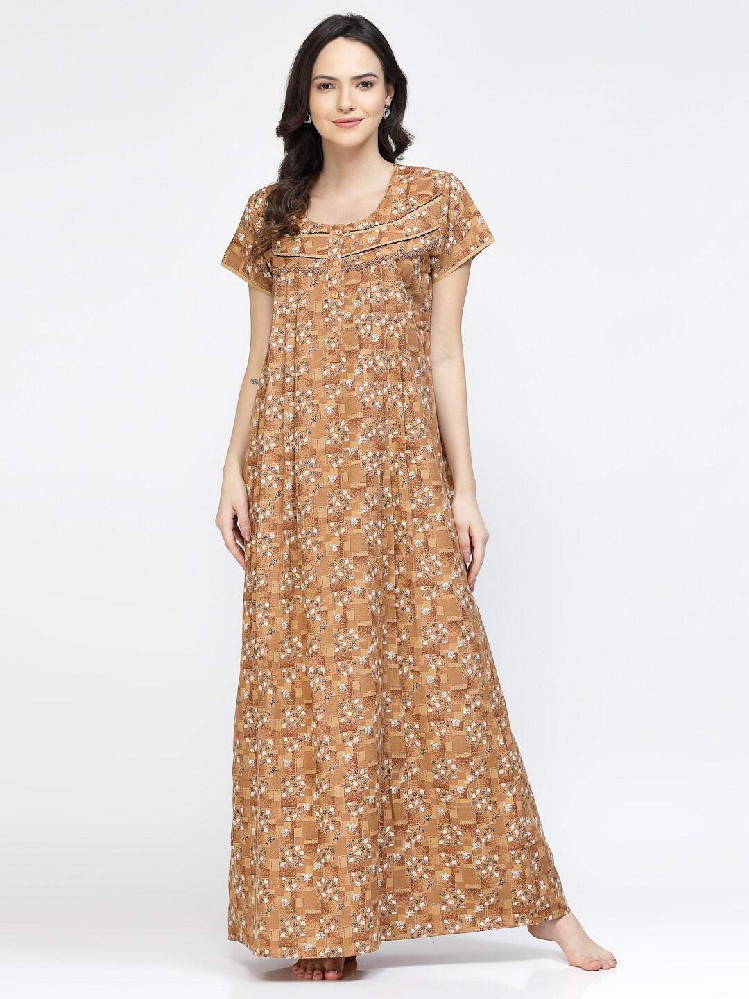 

Sweet Dreams Brown & White Floral Printed Pure Cotton Maxi Nightdress