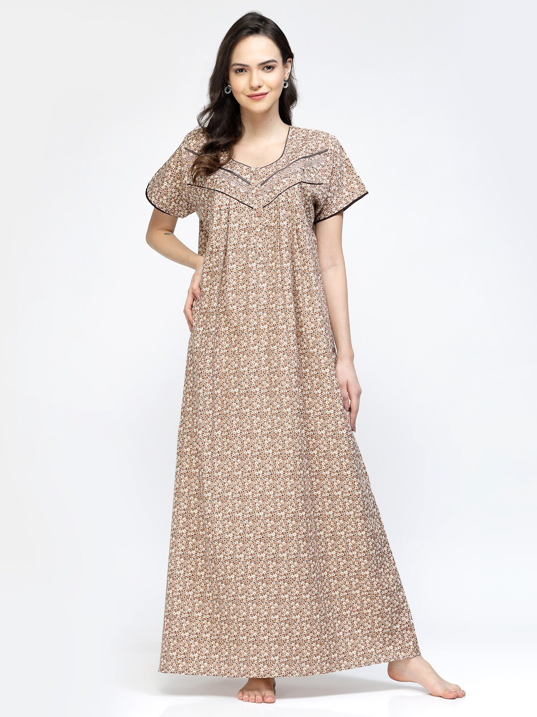 

Sweet Dreams Brown & White Floral Printed Pure Cotton Maxi Nightdress