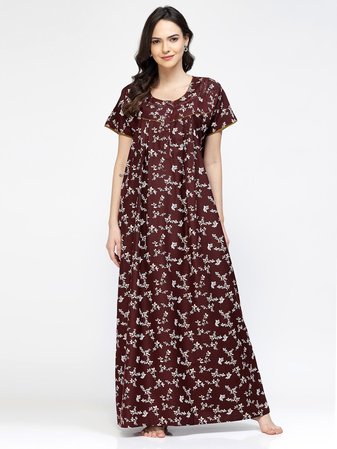 

Sweet Dreams Maroon & White Floral Printed Pure Cotton Maxi Nightdress