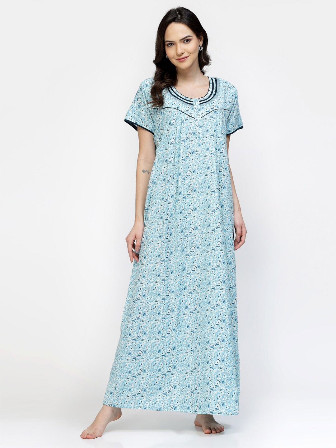 

Sweet Dreams Blue & White Floral Printed Pure Cotton Maxi Nightdress