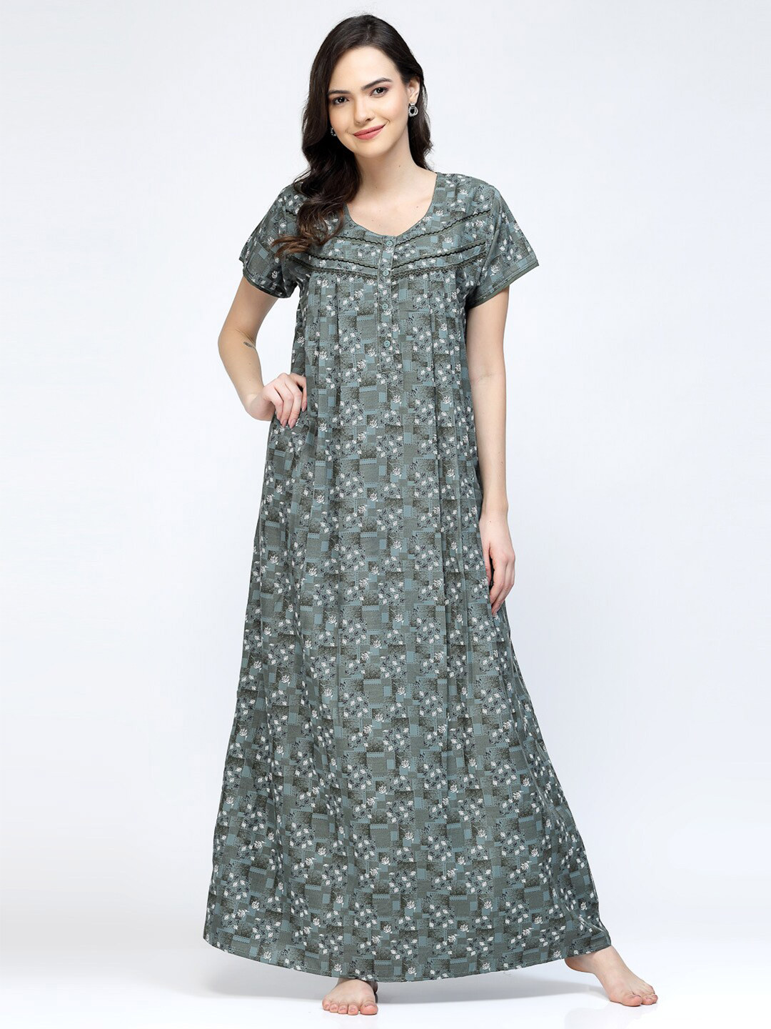 

Sweet Dreams Grey & White Floral Printed Pure Cotton Maxi Nightdress