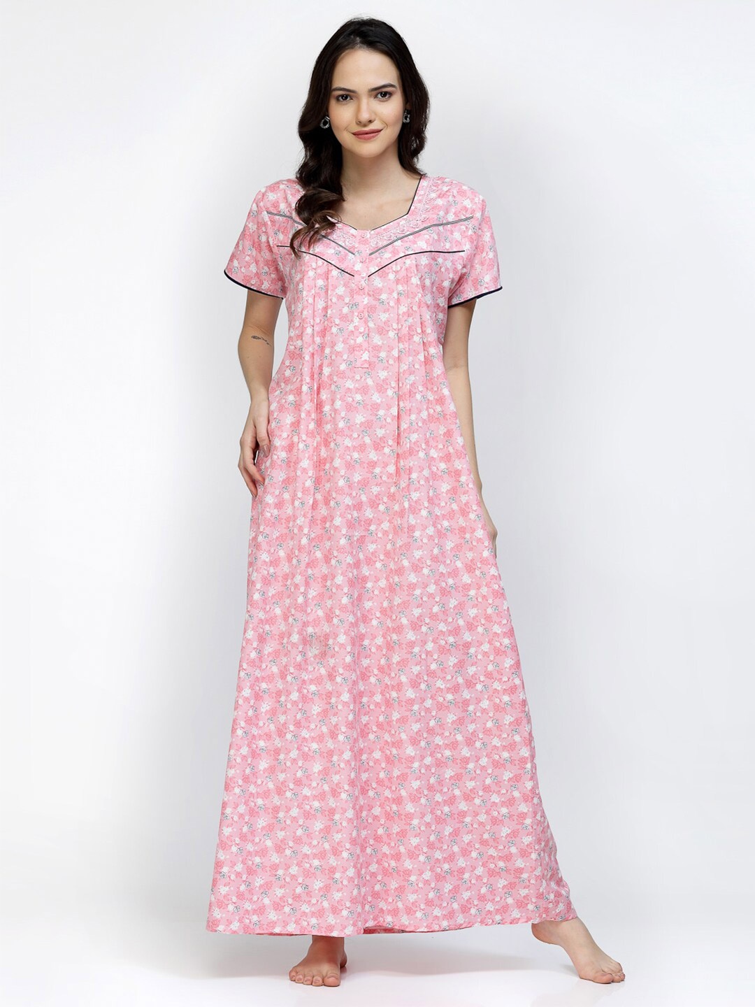 

Sweet Dreams Pink & White Floral Printed Pure Cotton Maxi Nightdress