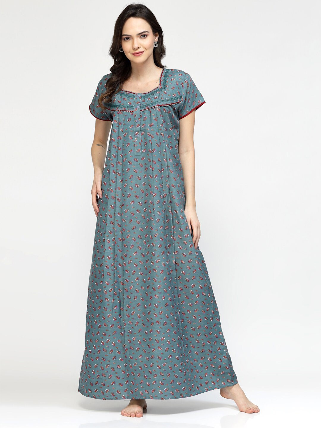 

Sweet Dreams Grey & Red Floral Printed Pure Cotton Maxi Nightdress