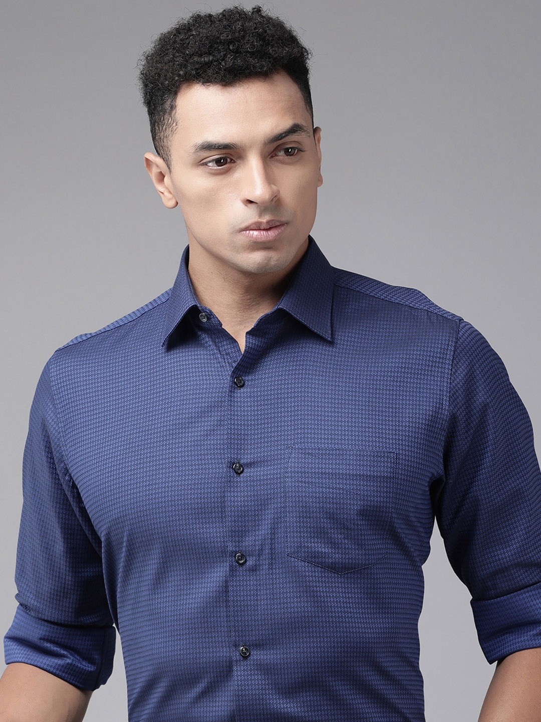 

Van Heusen Pure Cotton Self Design Textured Custom Formal Shirt, Navy blue