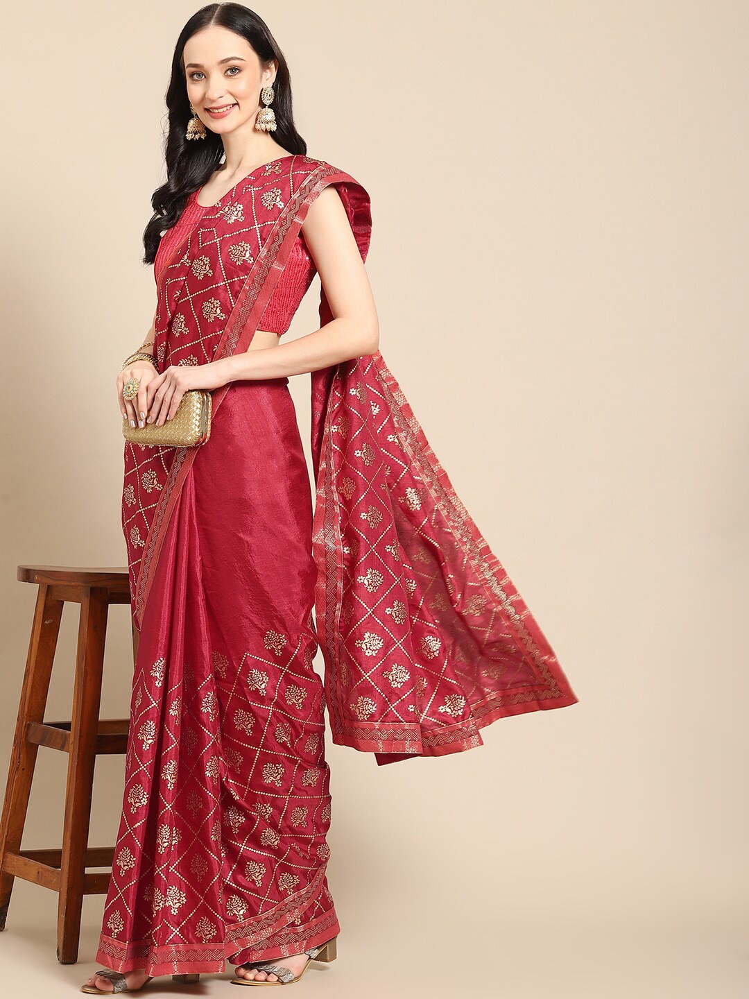 

all about you Red & Gold Floral Print Zari Saree With Blouse Piece