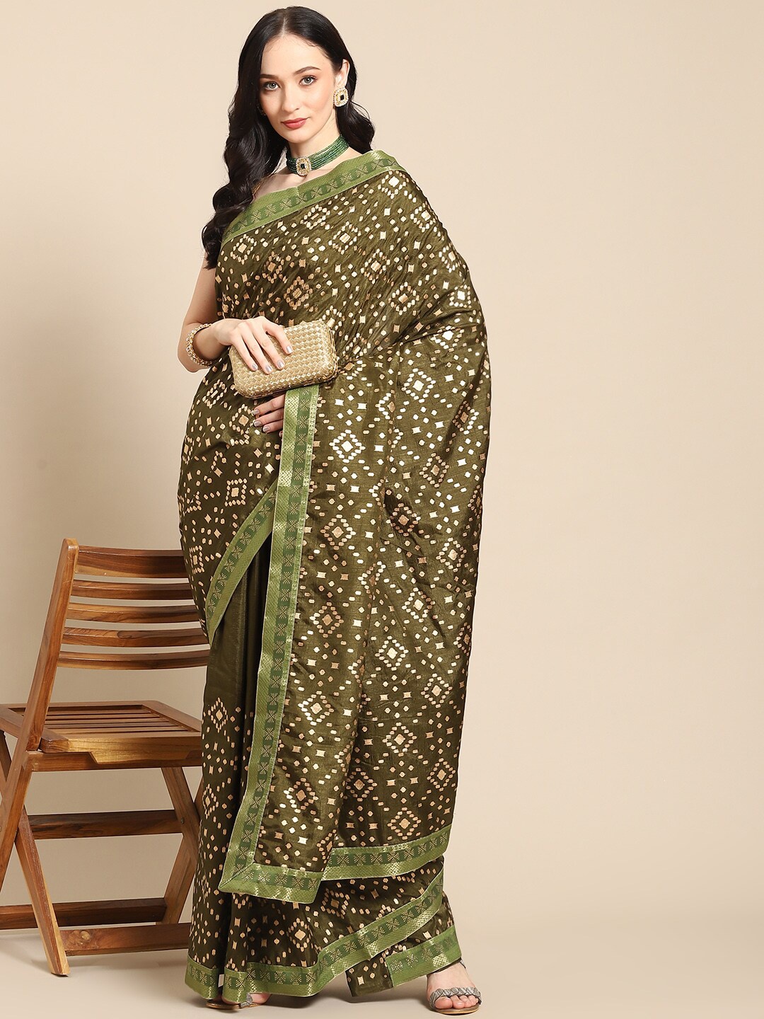 

all about you Olive Green & Gold Geometric Print Zari Saree With Blouse Piece