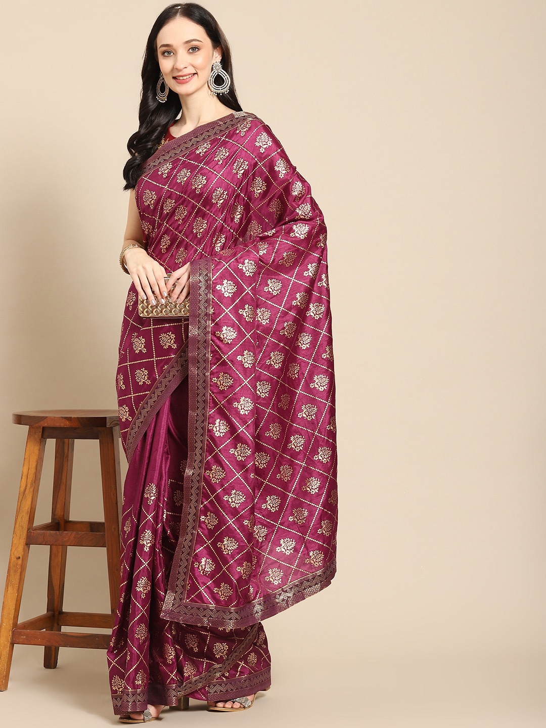 

all about you Burgundy & Gold Floral Print Zari Saree With Blouse Piece