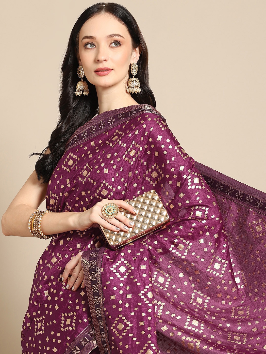 

all about you Purple & Gold Geometric Poly Silk Zari Saree With Blouse Piece