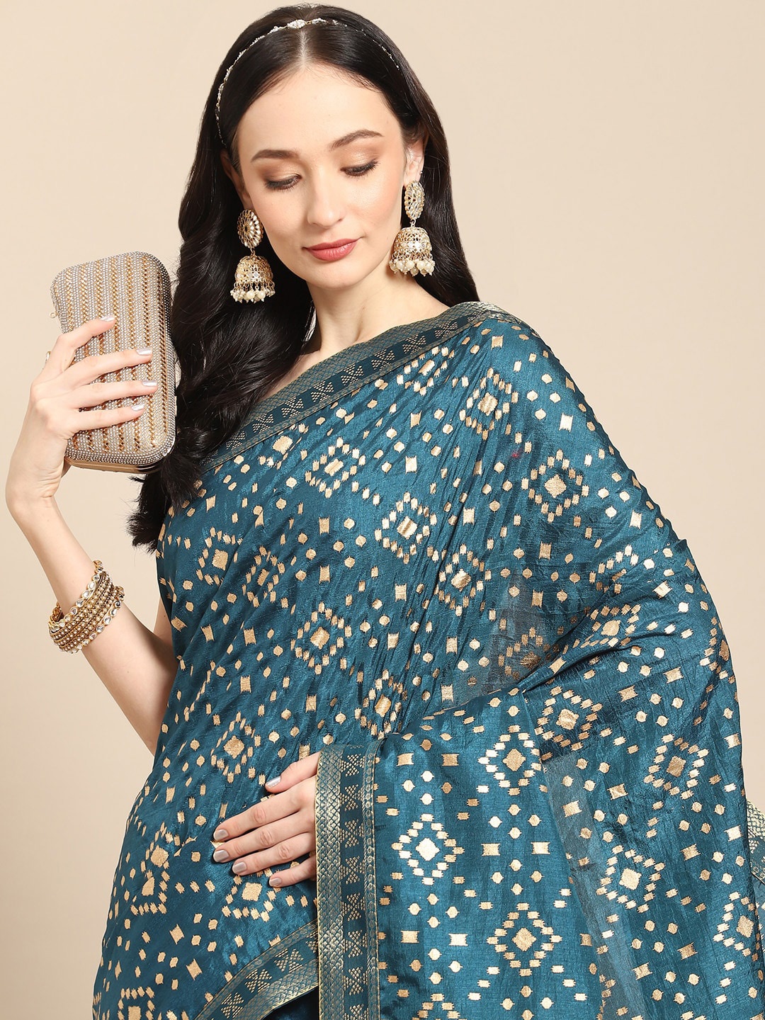 

all about you Geometric Poly Silk Zari Saree With Blouse Piece, Teal