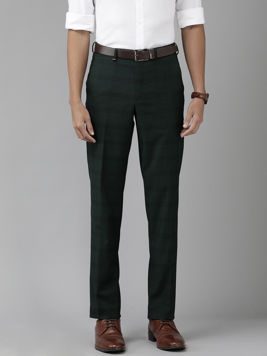 

Van Heusen Men Checked Custom Fit Mid-Rise Formal Trousers, Green