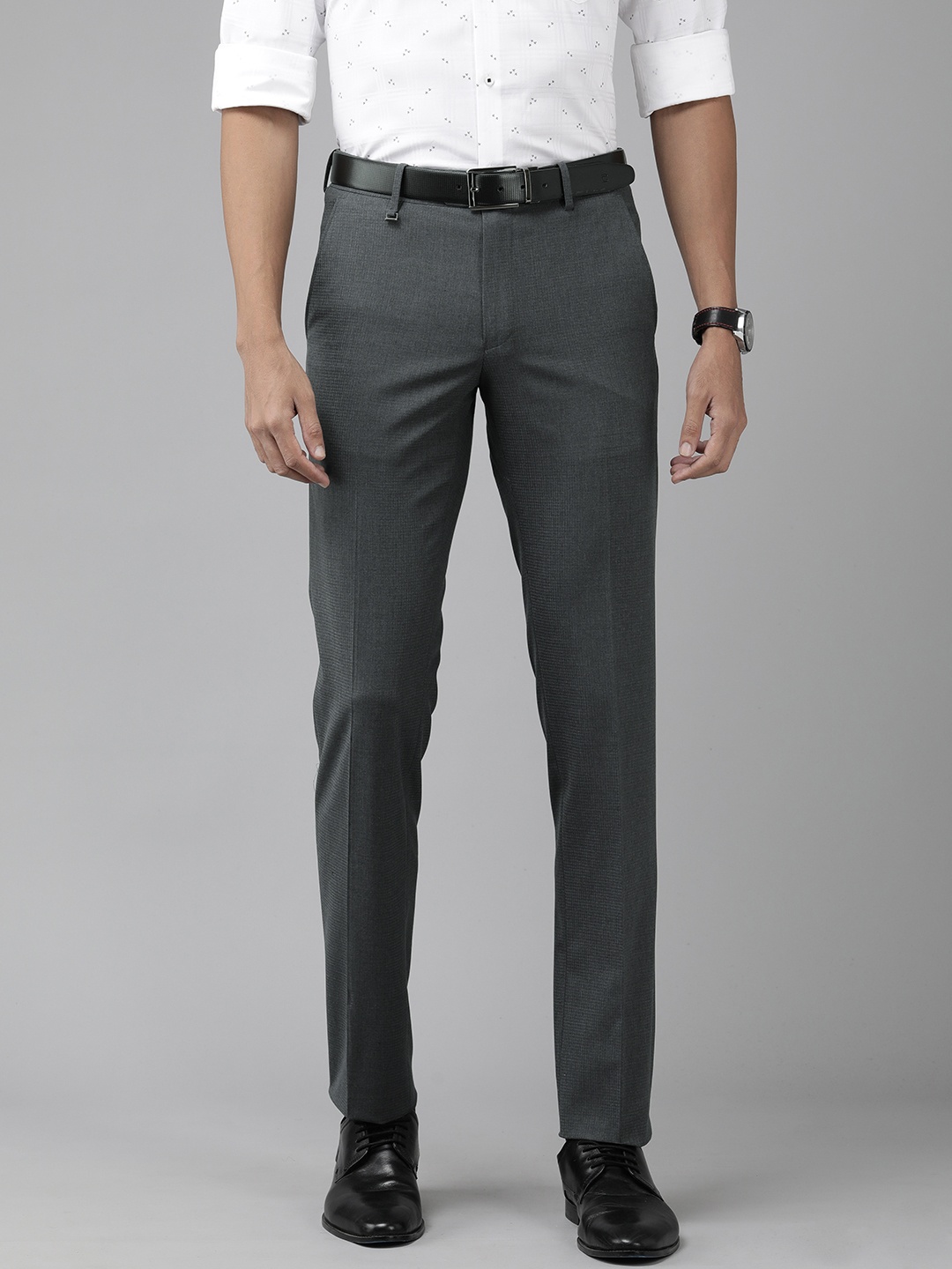 

Van Heusen Men Mid-Rise Textured Slim Fit Trousers, Charcoal