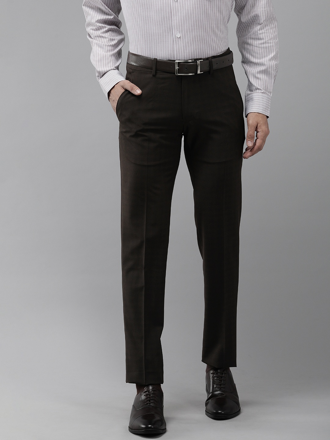 

Van Heusen Men Checked Ultra Slim Fit Formal Trousers, Coffee brown