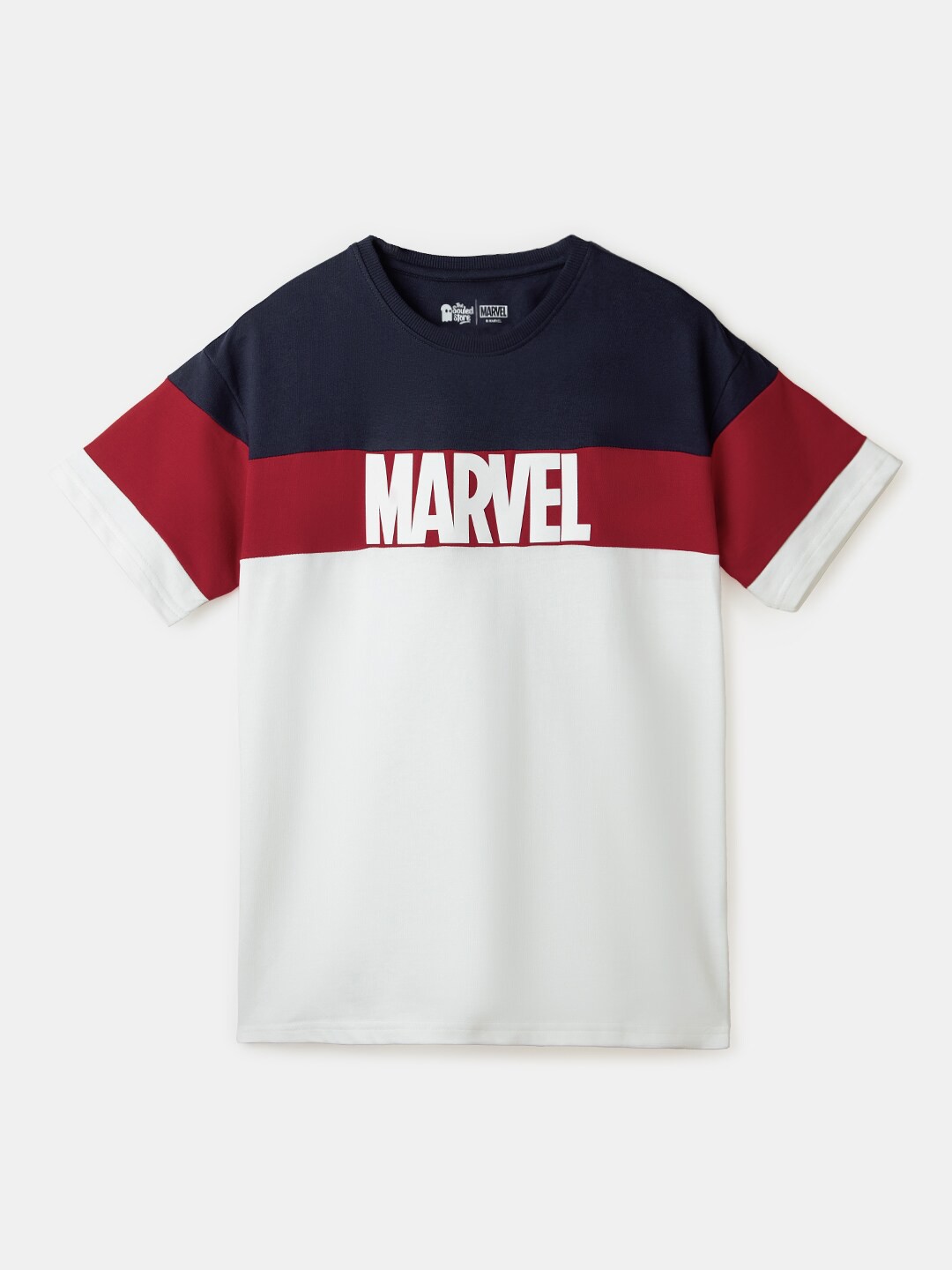 

The Souled Store Boys White & Maroon Colourblocked Oversized Pure Cotton T-shirt