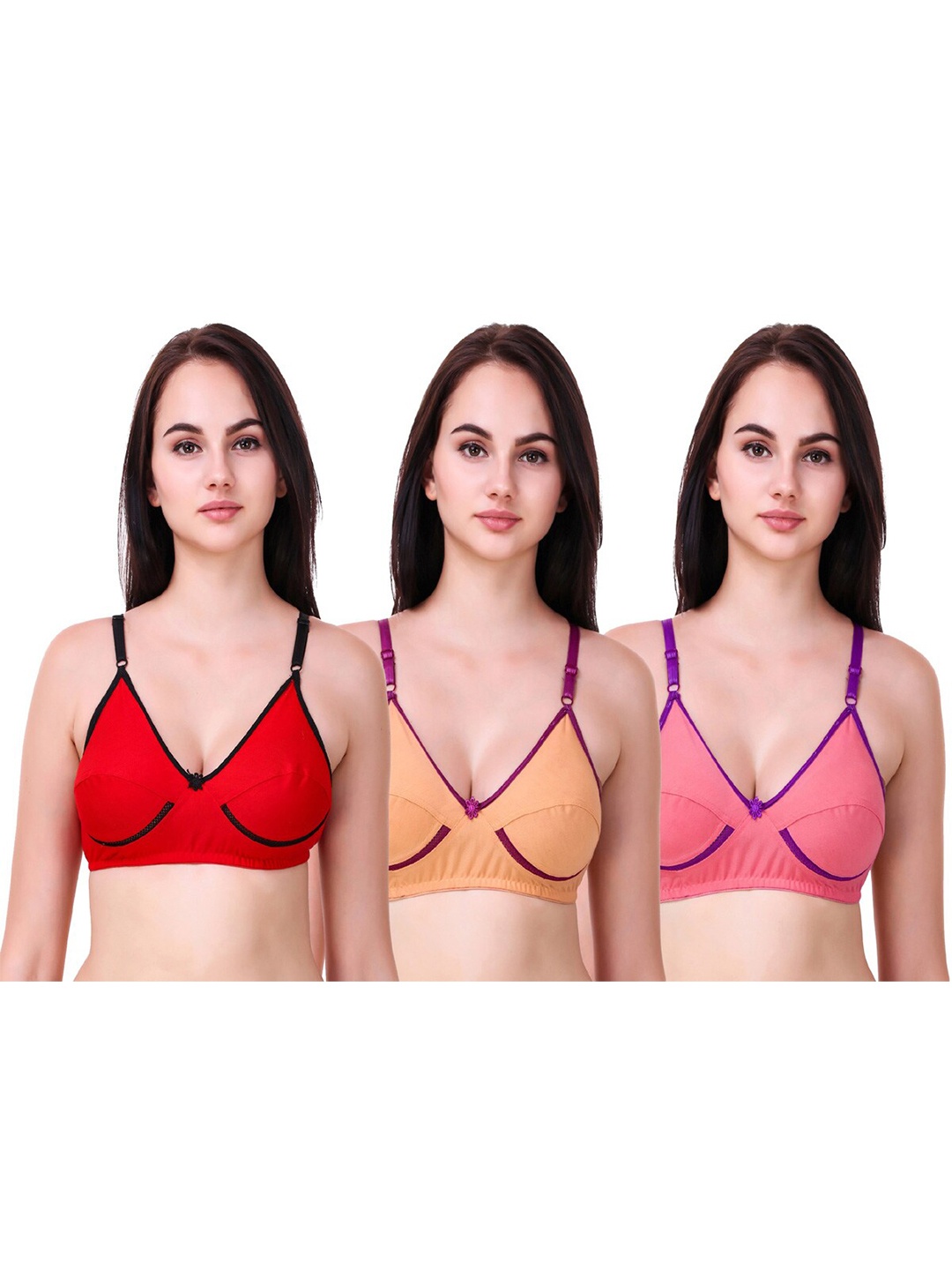 

Piylu Pack Of 3 Non Padded Cut And Sew Cups Cotton Bra Full Coverage-Anjali-CB3, Red