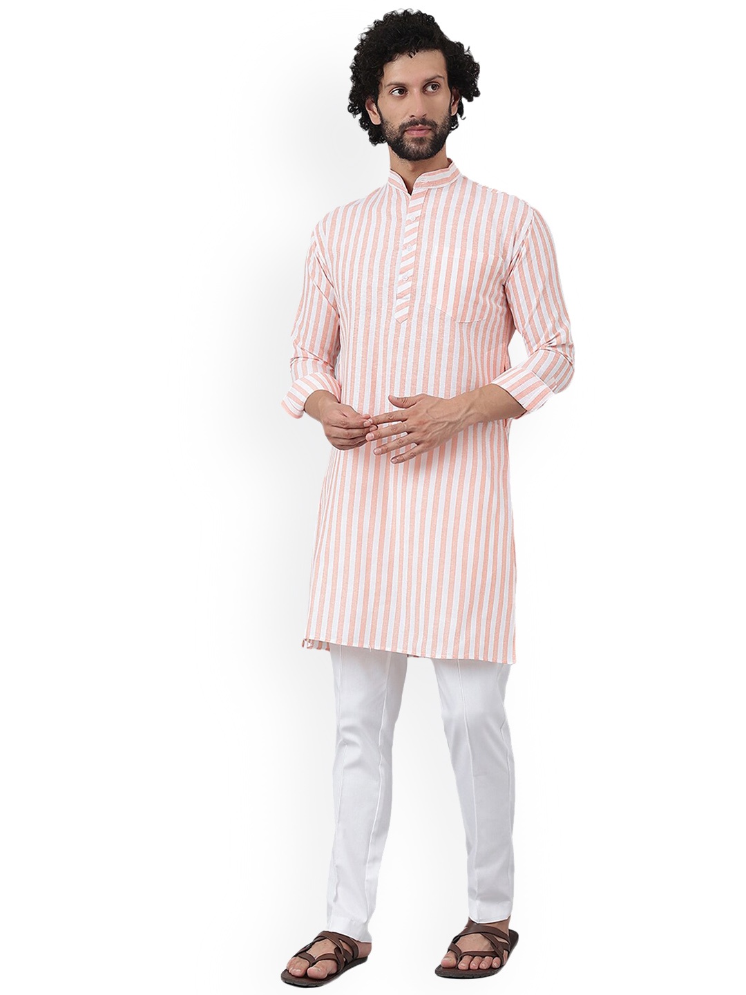 

RIAG Striped Mandarin Collar Kurta with Pyjamas, Orange