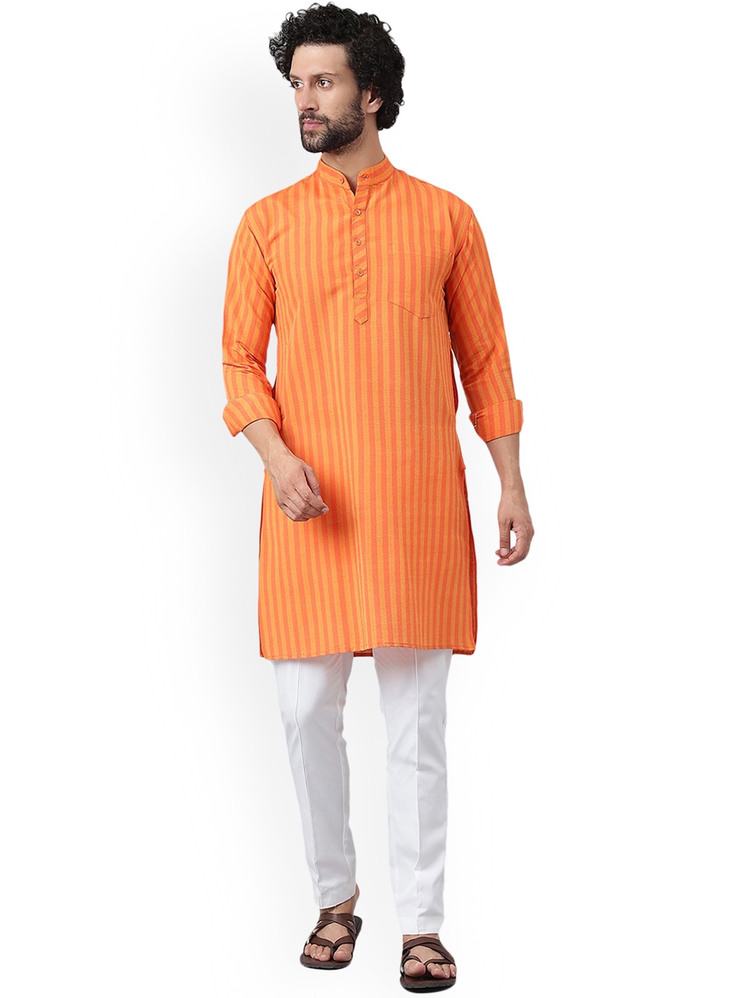 

RIAG Striped Mandarin Collar Kurta with Pyjamas, Orange