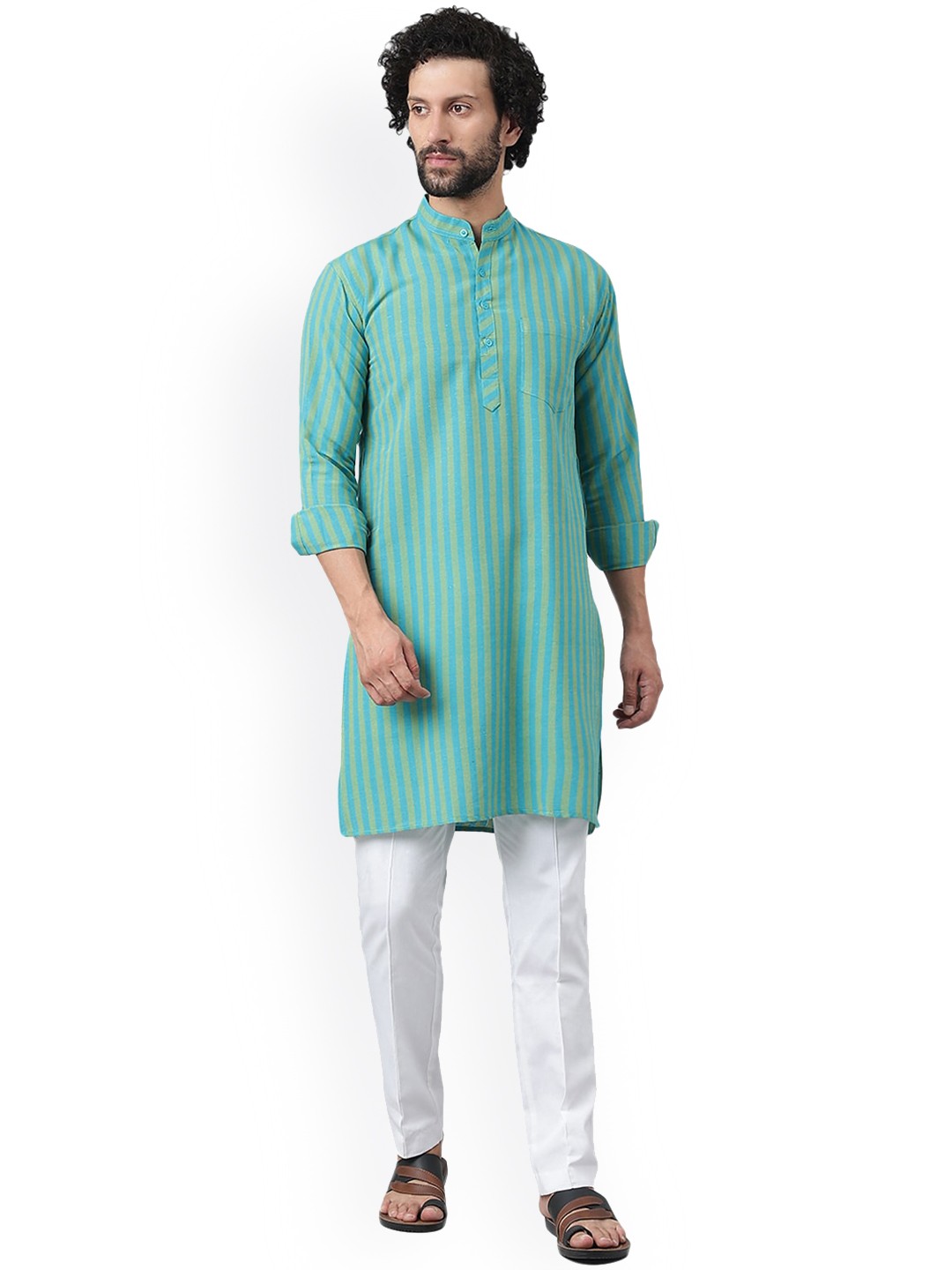 

RIAG Striped Mandarin Collar Kurta with Pyjamas, Blue