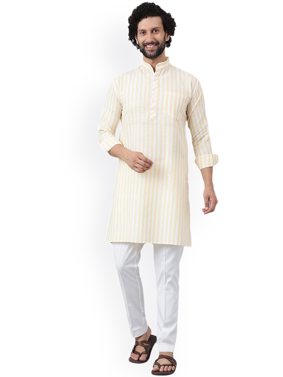 

RIAG Striped Mandarin Collar Kurta With Pyjamas, Beige