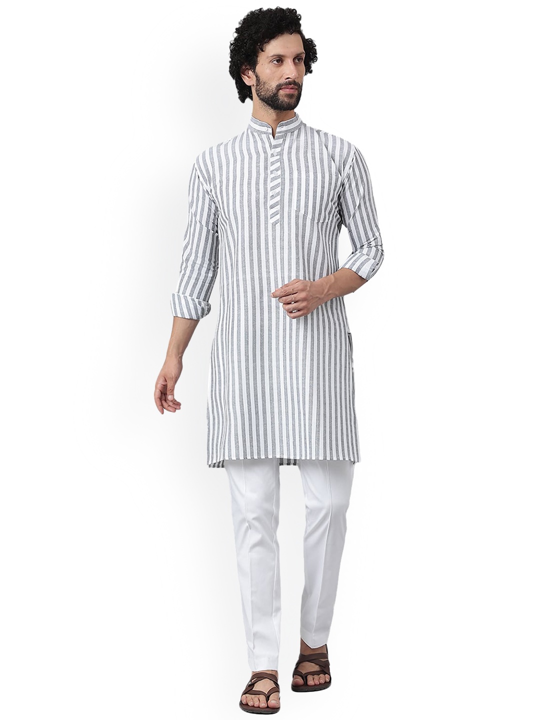 

RIAG Striped Mandarin Collar Kurta With Pyjamas, Grey