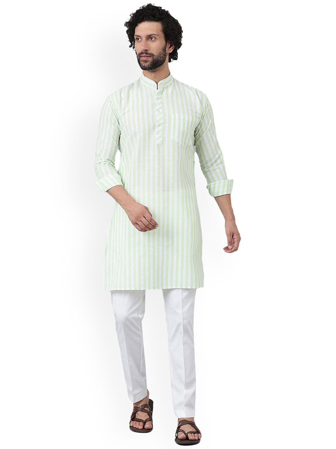 

RIAG Striped Mandarin Collar Kurta with Pyjamas, Green