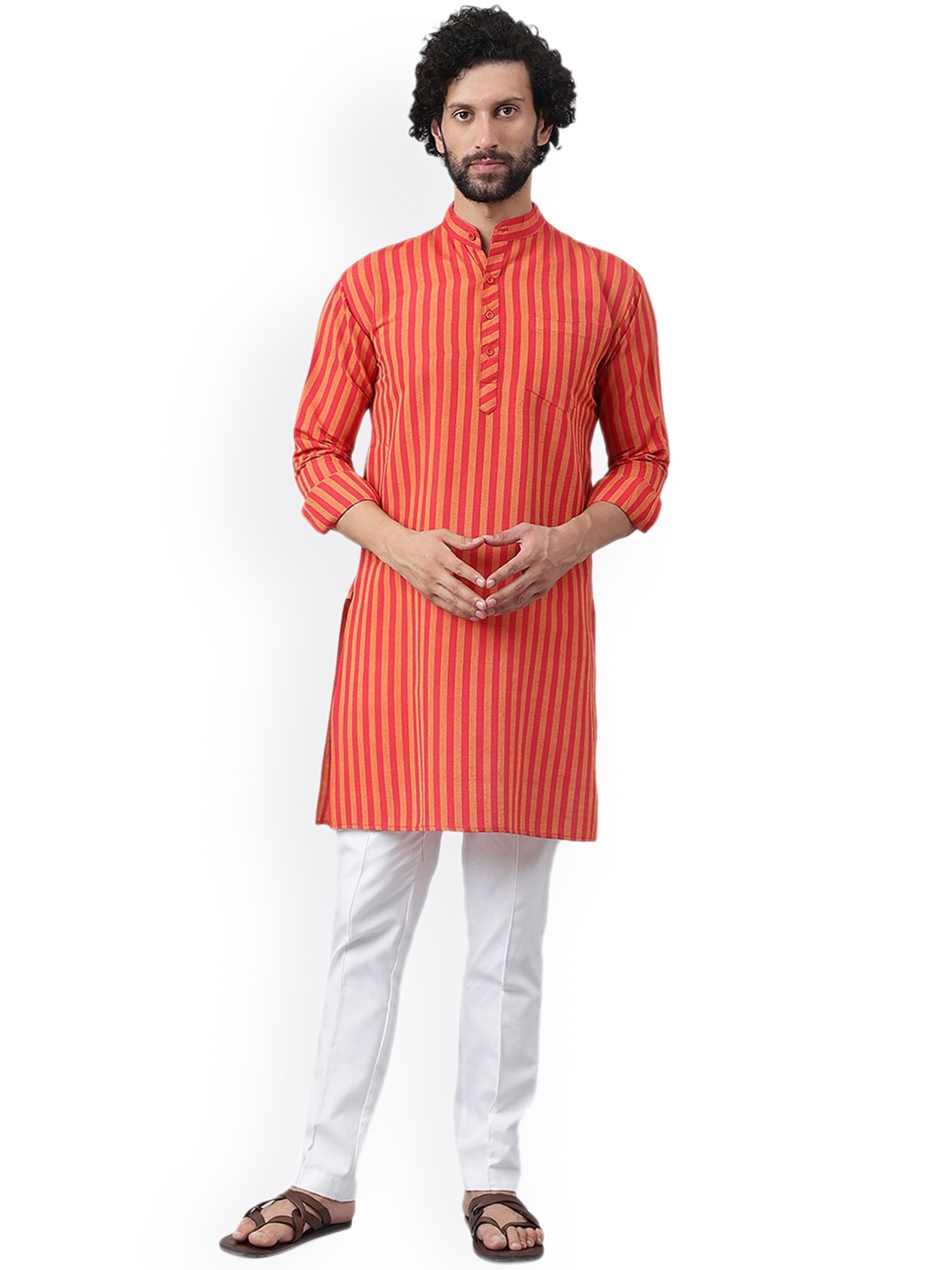 

RIAG Striped Mandarin Collar Kurta with Pyjamas, Red