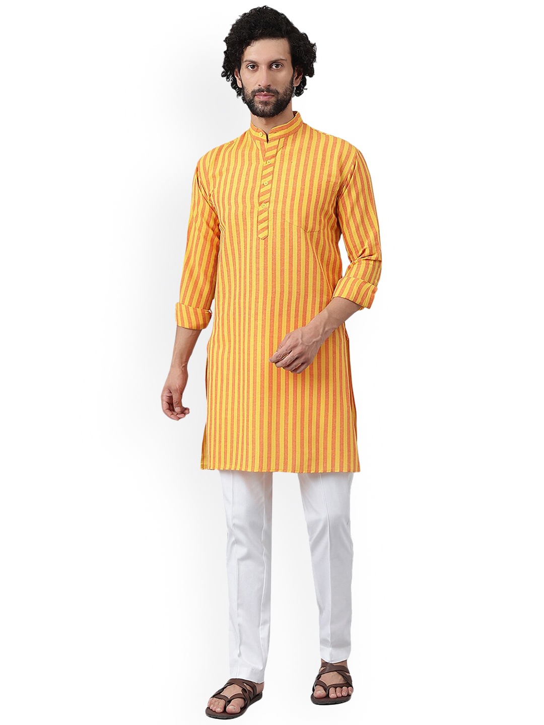 

RIAG Striped Mandarin Collar Kurta with Pyjamas, Yellow