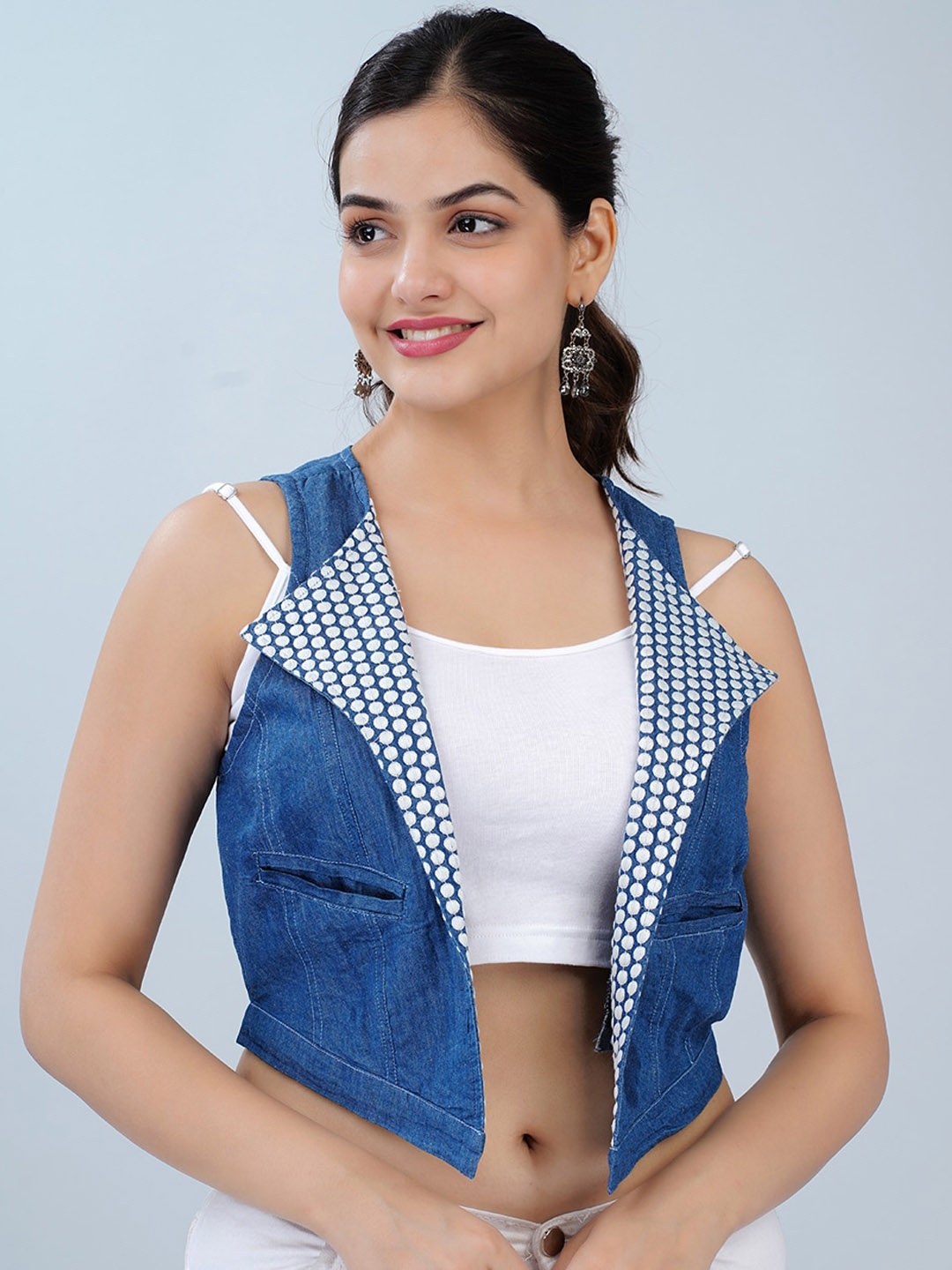 

SUMAVI-FASHION Sleeveless Crop Denim Jacket, Blue